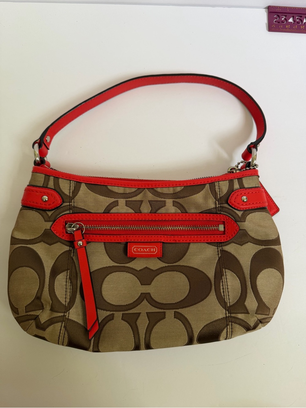 Coach Signature Shoulder Bag – Khaki/Brown & Coral